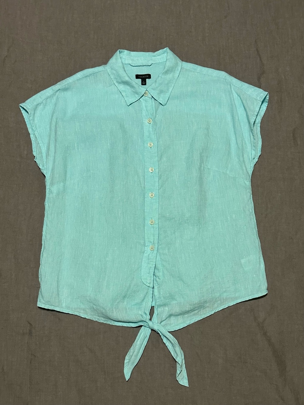 Talbots Seafoam Button-Front Tie Hem 100% Linen Shirt